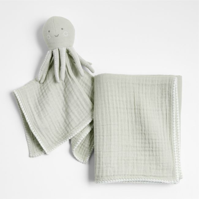 Sunny Green Octopus Lovey + Baby Stroller Blanket Set by Jake Arnold - Image 0