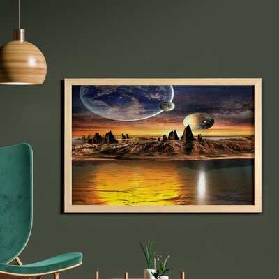 Ambesonne Fantasy Wall Art With Frame, Alien Planet Earth Moon And Mountain Surreal Sci Fi Galactic Future Cosmos Art, Printed Fabric Poster For Bathroom Living Room Dorms, 35" X 23", Multicolor - Image 0