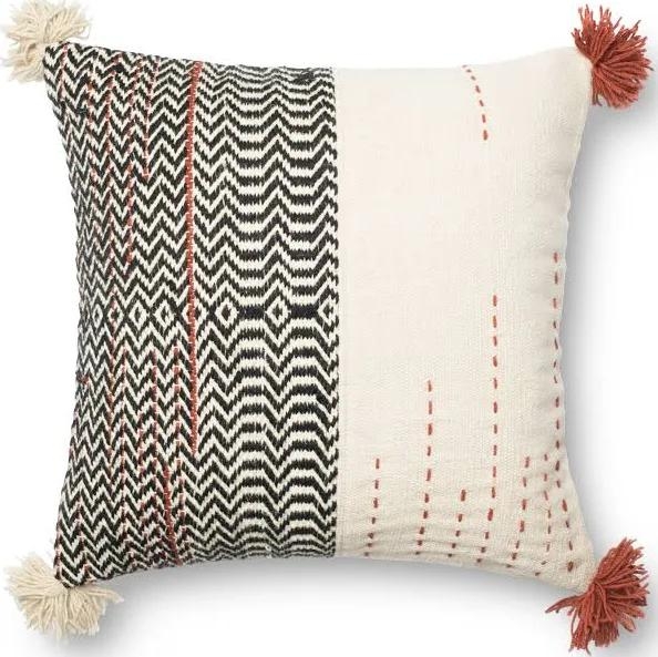 Split Pattern Throw Pillow with Tassels, 22" x 22", Black, Ivory & Orange - Image 0