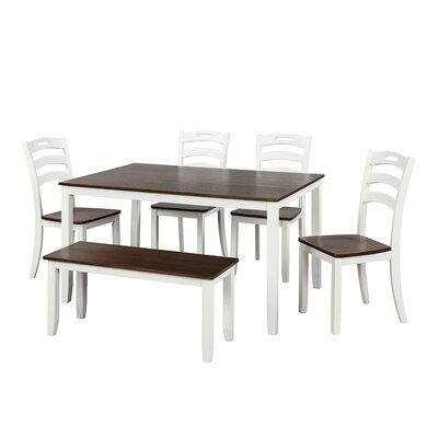 6 Piece Dining Table Set With Bench, Table Set With Waterproof Coat, Ivory And Cherry - Image 0