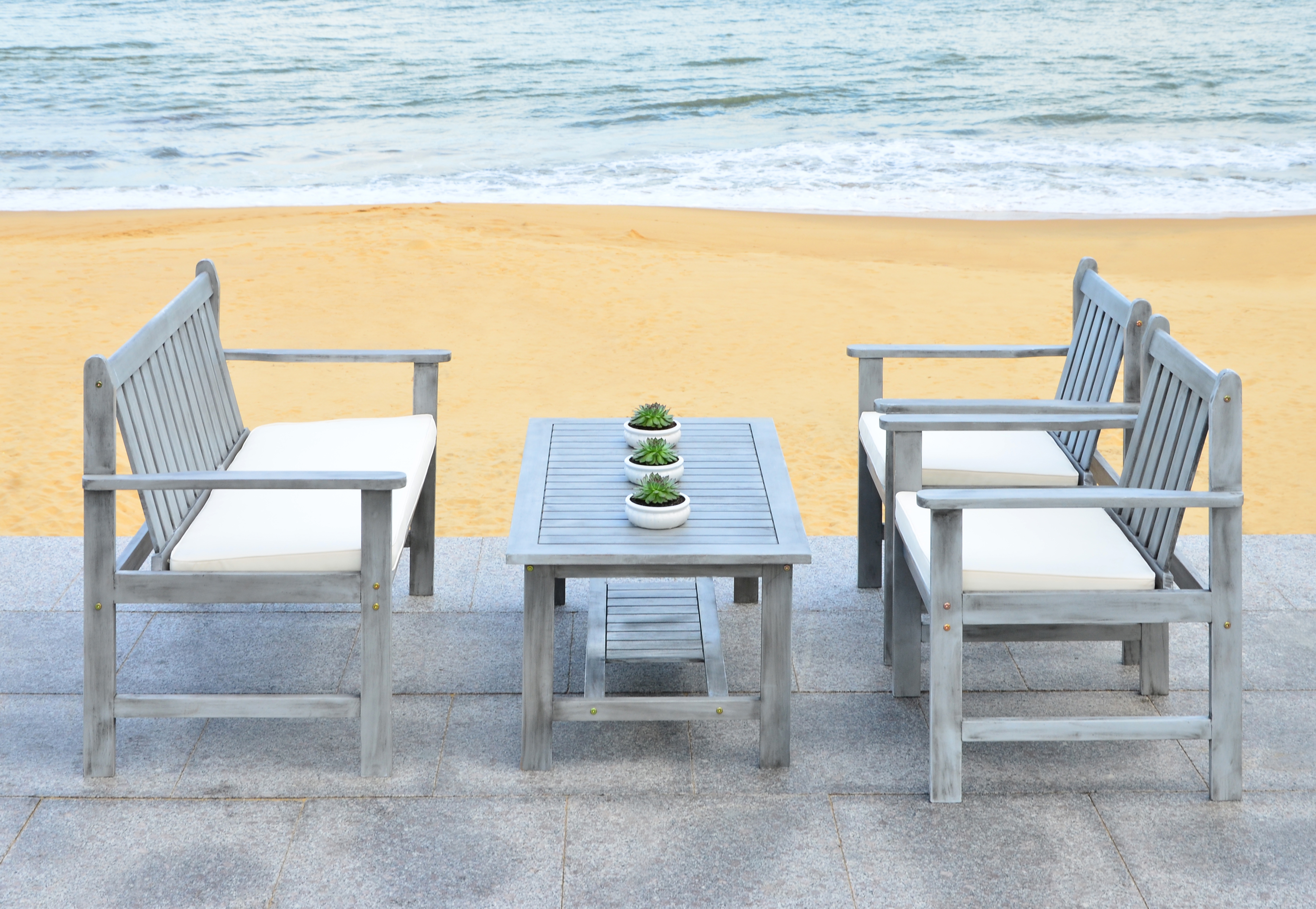Burbank 4 Piece Outdoor Set - Grey Wash/Beige - Safavieh - Image 3