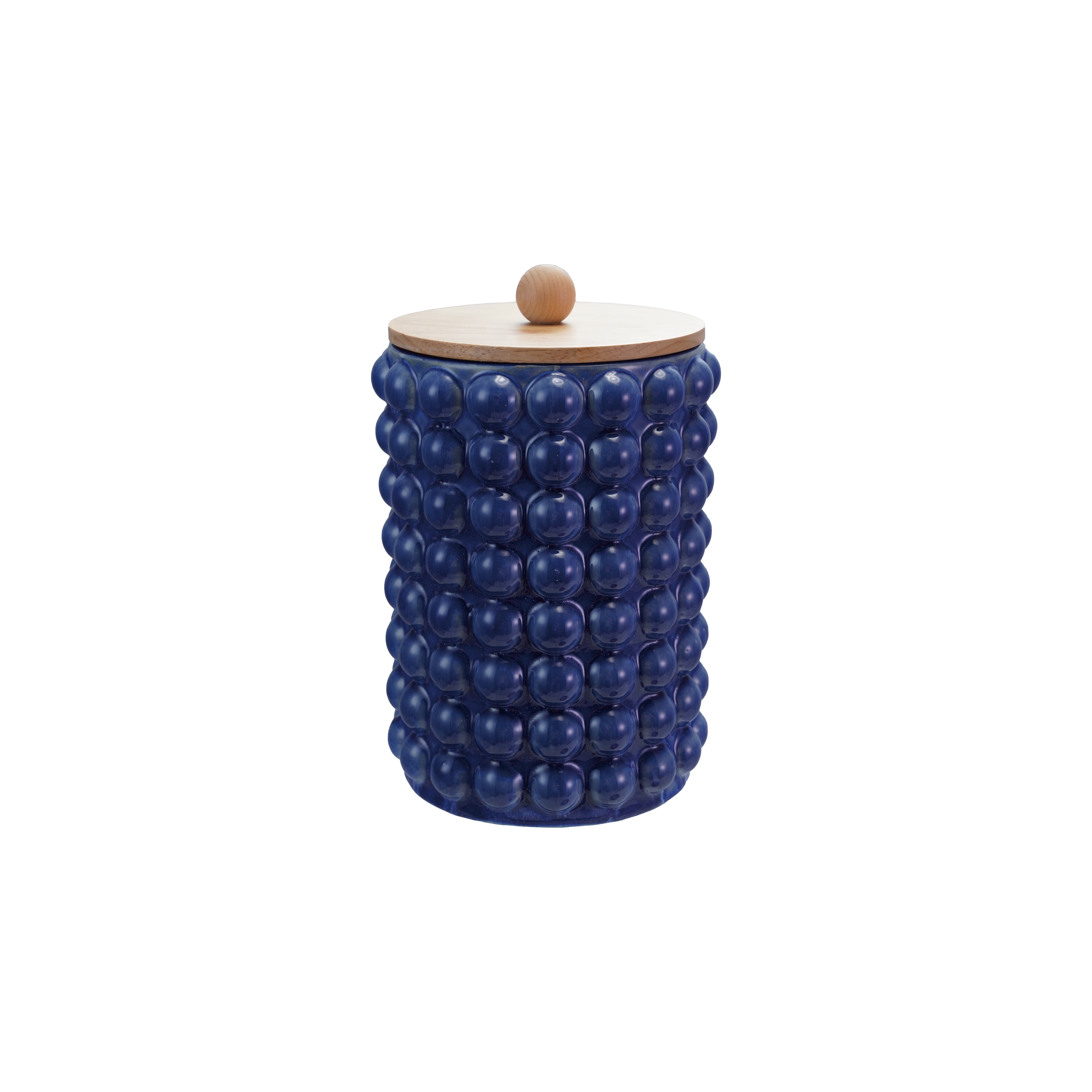 Large Stoneware Canister with Raised Dots and Wood Lid and Reactive Glaze, Navy Color and Natural - Image 0