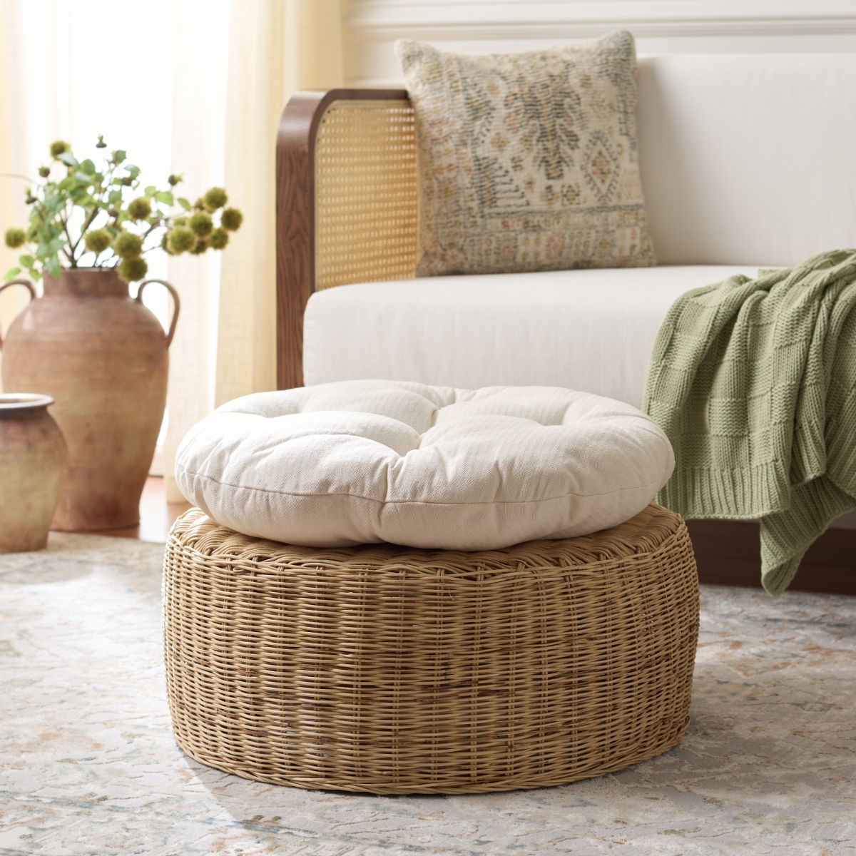 Bori Round Ottoman With Cushion - Natural / White - Image 1
