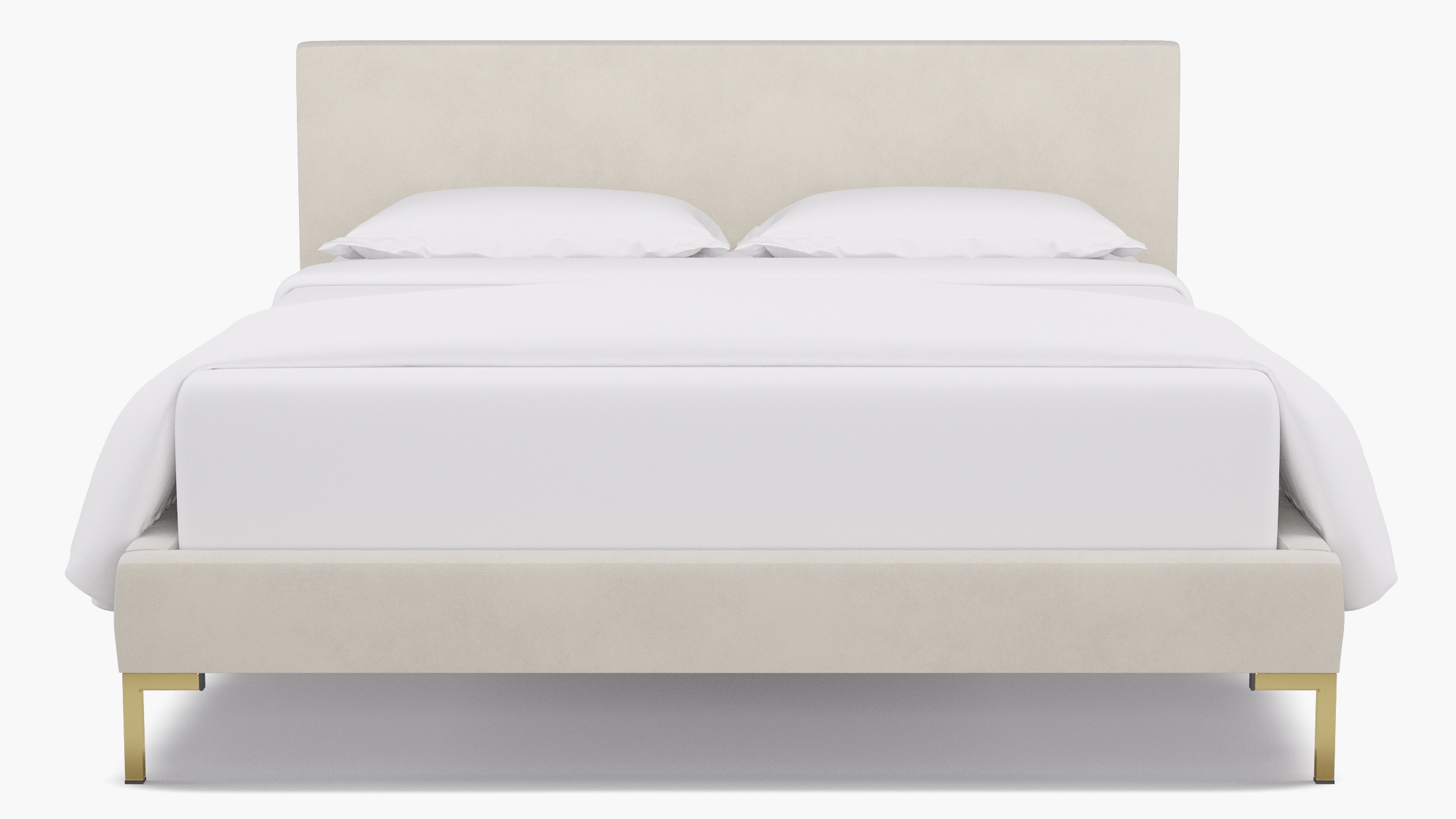 Modern Platform Bed, White Classic Velvet, Brass, Queen - Image 1