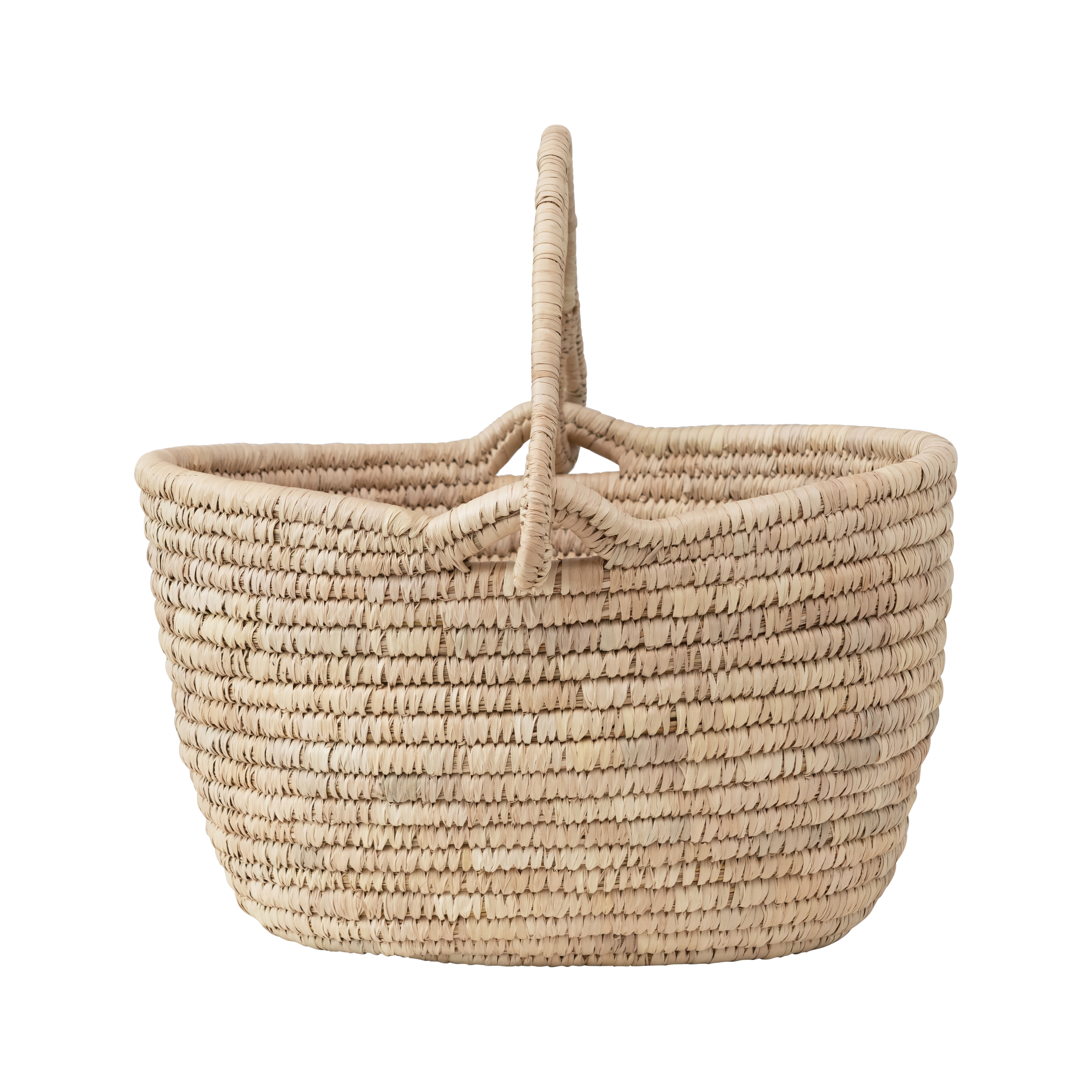 Hand-Woven Grass and Date Leaf Basket with Handle - Image 1