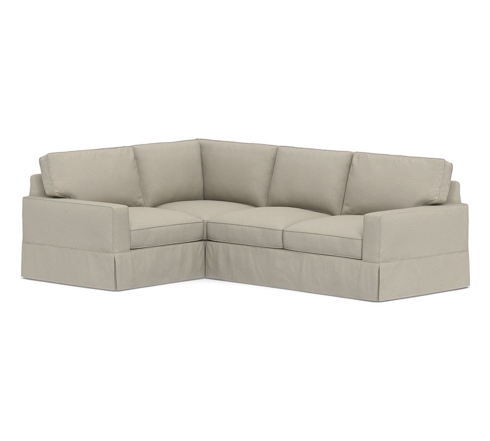 PB Comfort Square Arm Slipcovered Right Arm 3-Piece Corner Sectional, Box Edge Down Blend Wrapped Cushions, Performance Boucle Fog - Image 0