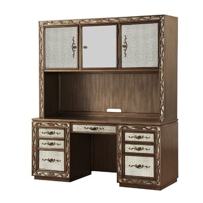 Wooden Computer Desk And Hutch With Vintage Mirror Fronts, Brown - Image 0