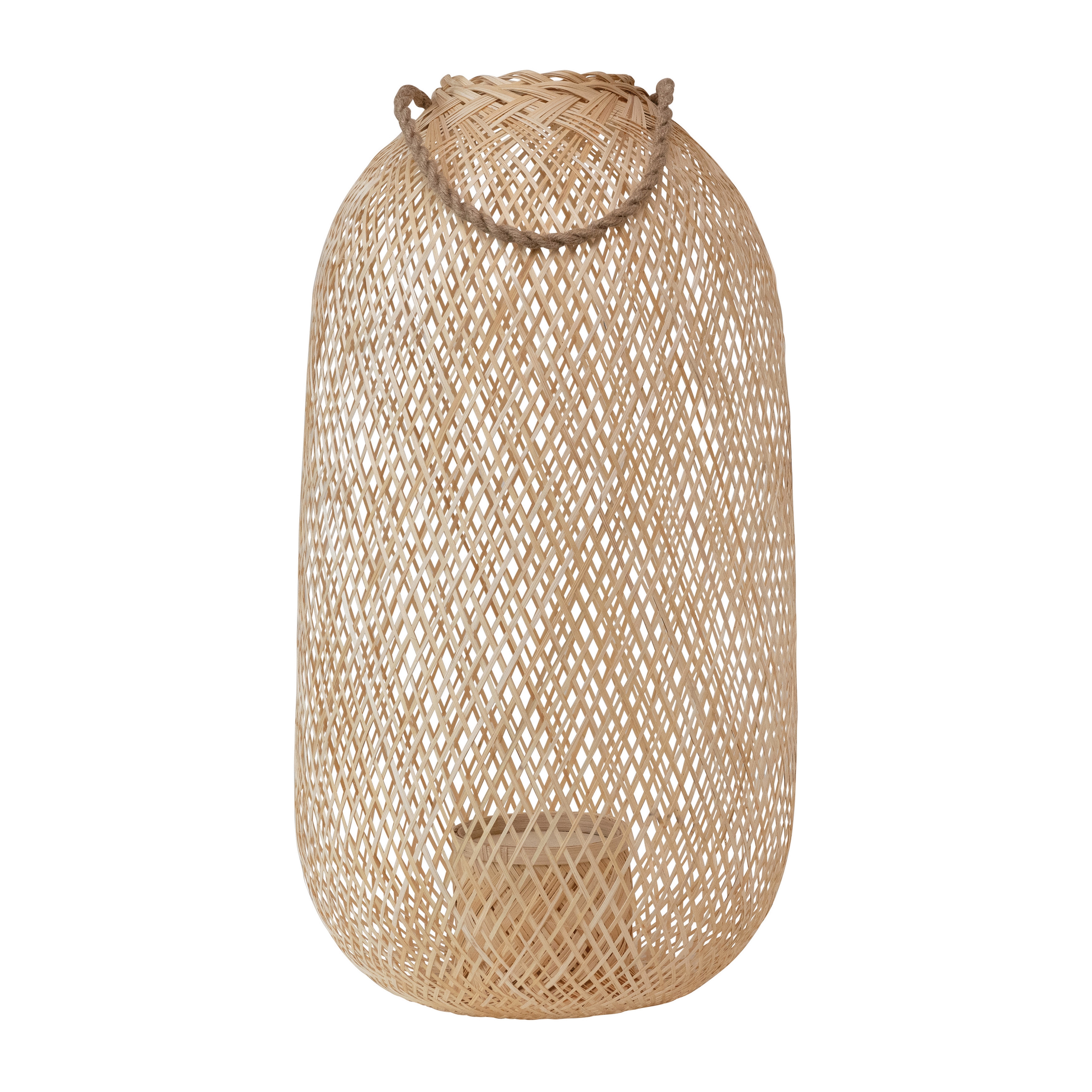 Hand-Woven Bamboo Lantern with Jute Handle & Glass Insert, Natural - Image 0