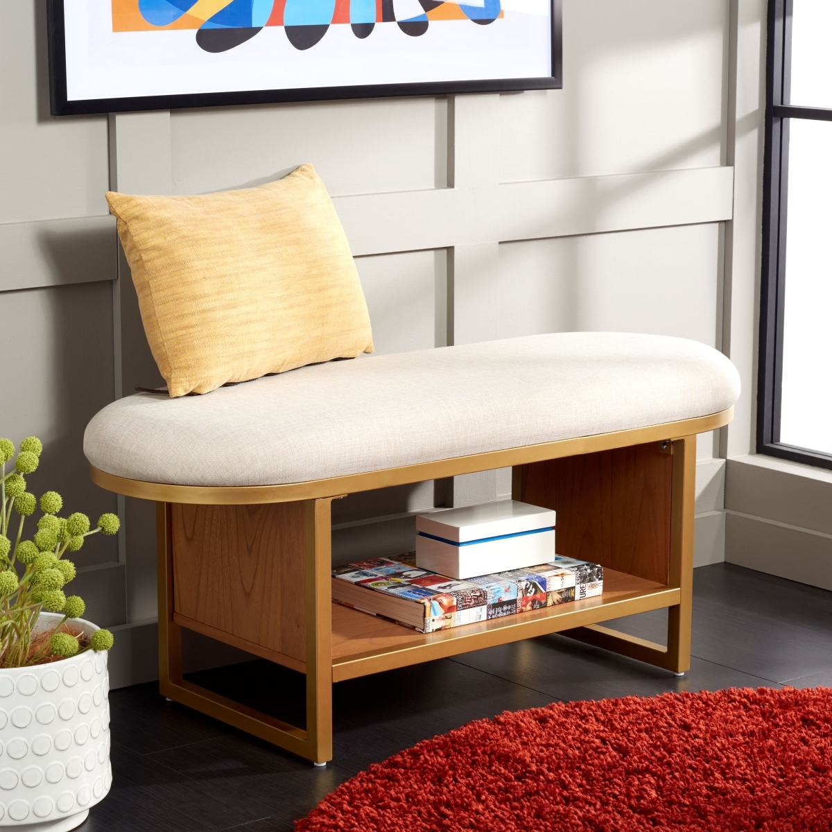 Iona Open Shelf Bench With Cushion - Cream / Natural - Safavieh - Image 1