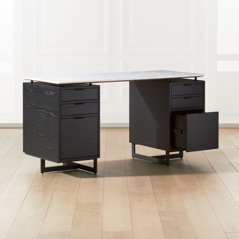 Fullerton 6-Drawer Black Oak Wood Desk with White Marble Top - Image 2