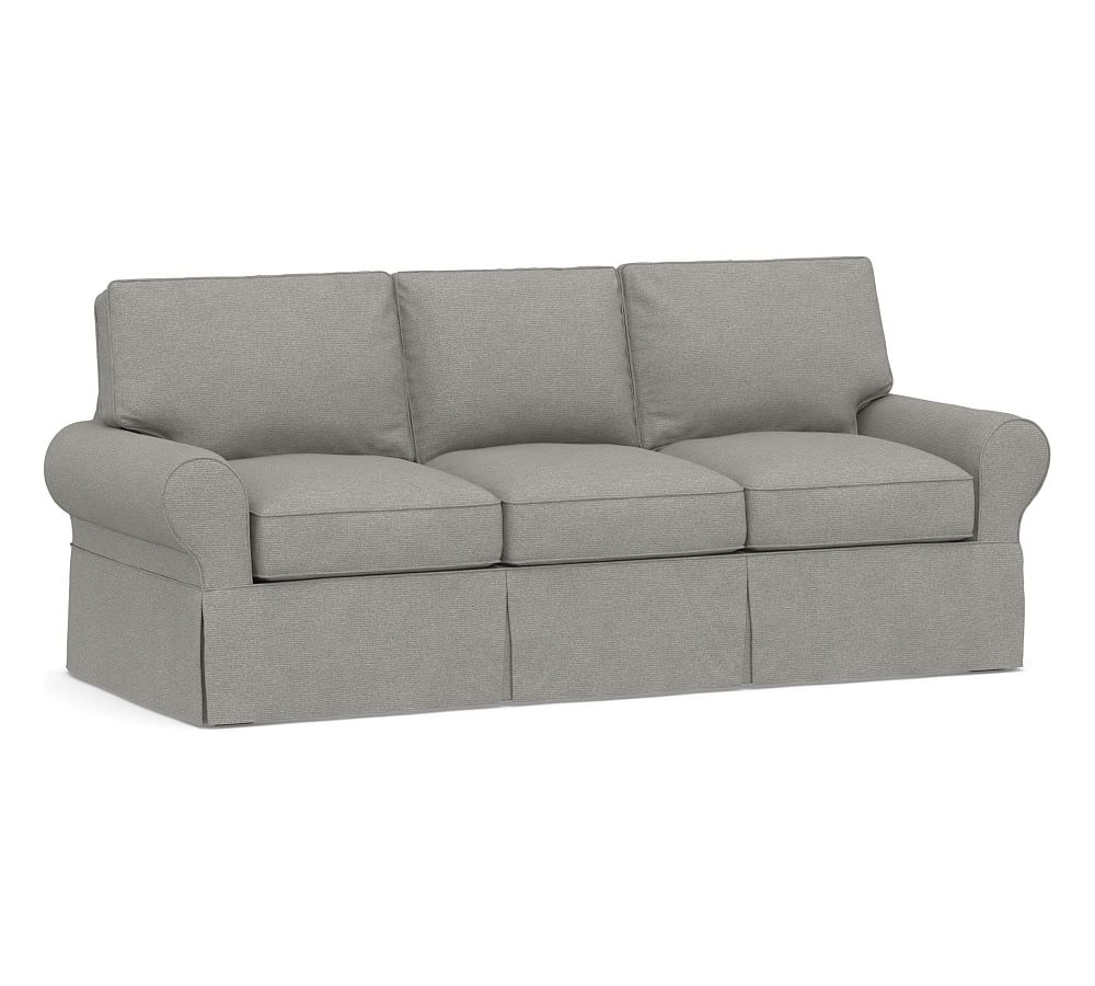 PB Basic Slipcovered Sofa 82", Polyester Wrapped Cushions, Performance Heathered Basketweave Platinum - Image 0