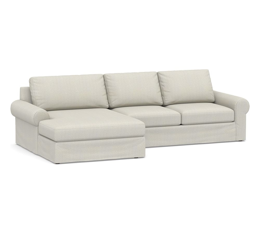 Big Sur Roll Arm Slipcovered Right Arm Loveseat with Double Chaise Sectional, Down Blend Wrapped Cushions, Performance Heathered Basketweave Dove - Image 0