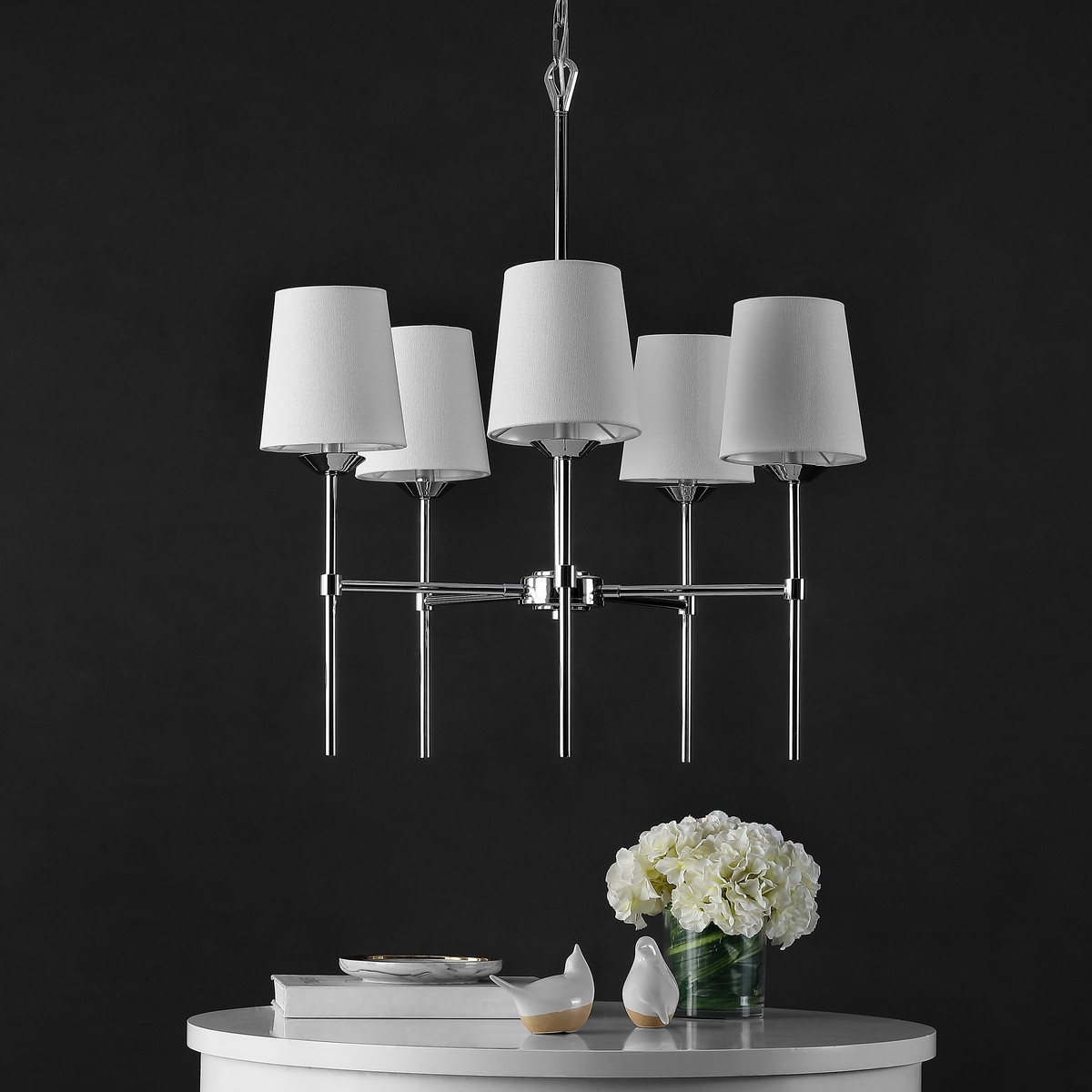 Dortra 5Lt 26 Inch Pendant - Chrome / White - Safavieh - Image 2