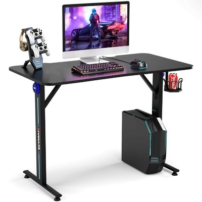 Computer Gaming Desk With LED Lignt And Gaming Handle Rack-Black - Image 0
