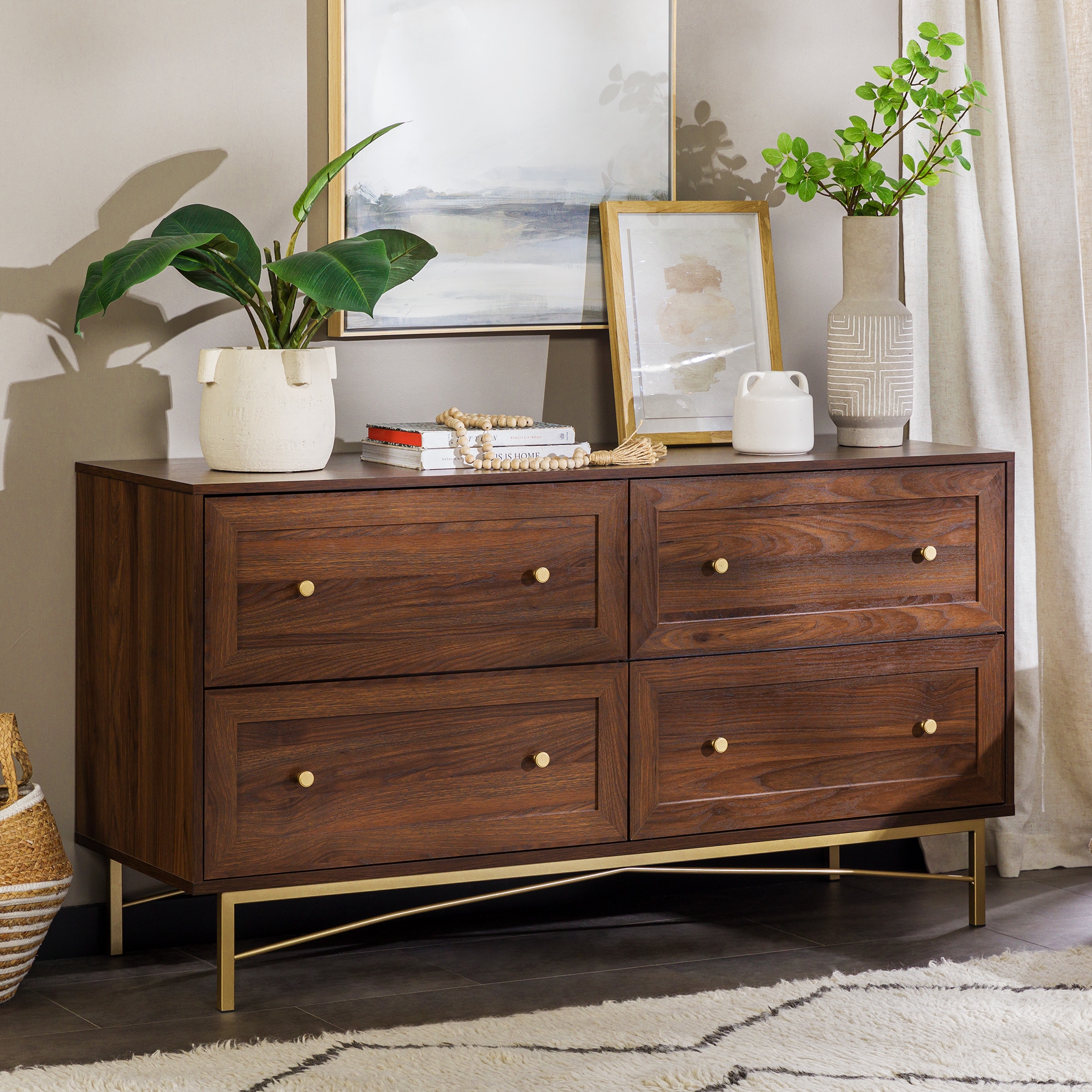 Modern Glam 4-Drawer Dresser with Gold Legs - Dark Walnut - Image 4