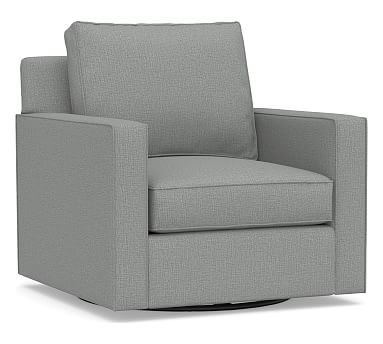 Cameron Square Arm Upholstered Swivel Armchair, Polyester Wrapped Cushions, Performance Brushed Basketweave Chambray - Image 0