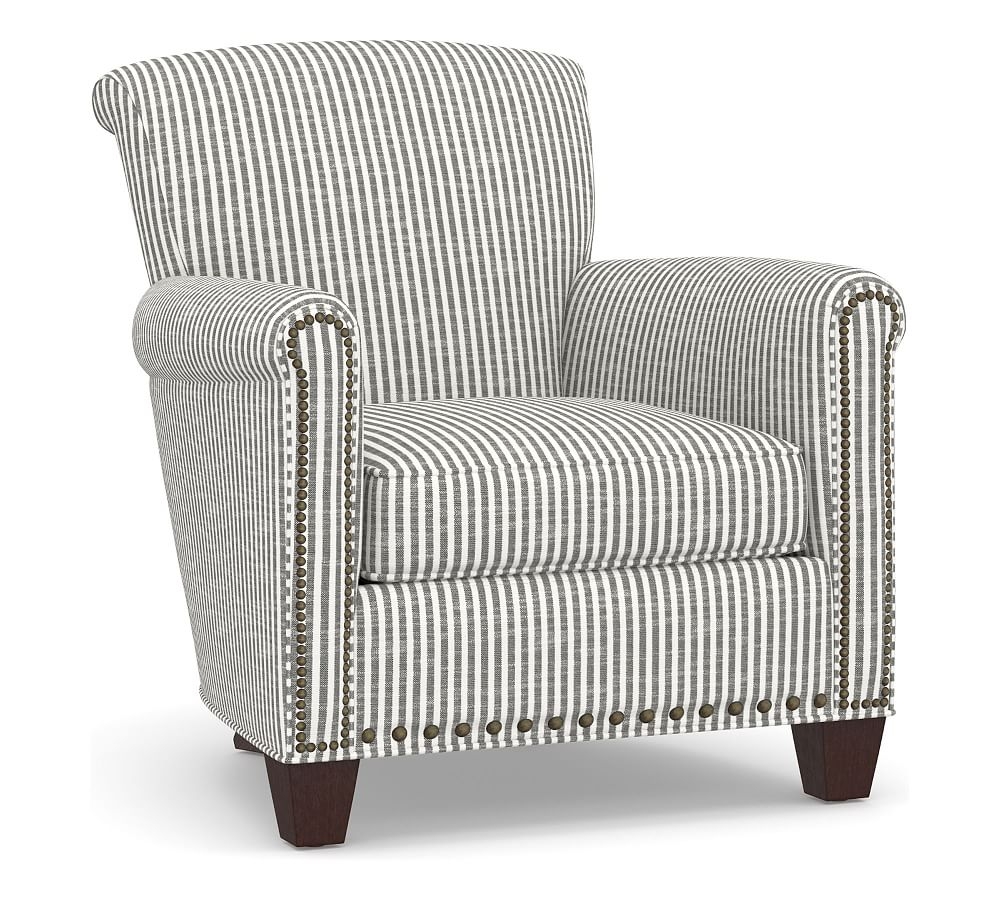 Irving Roll Arm Upholstered Armchair with Bronze Nailheads, Polyester Wrapped Cushions, Classic Stripe Charcoal - Image 0