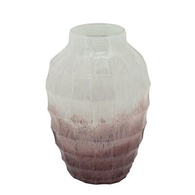 16 Inches Geometric Textured Glass Vase, White And Brown - Image 0