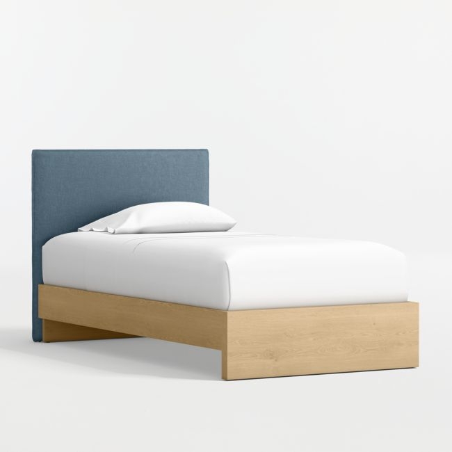 Noa Denim Blue Upholstered Flange Kids Twin Headboard with Natural Wood Base - Image 0
