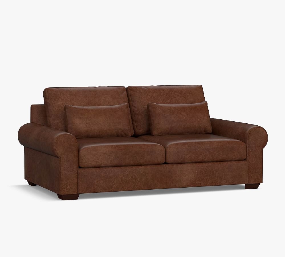 Big Sur Roll Arm Leather Deep Seat Loveseat, Polyester Wrapped Cushions, Nubuck Coffee - Image 0