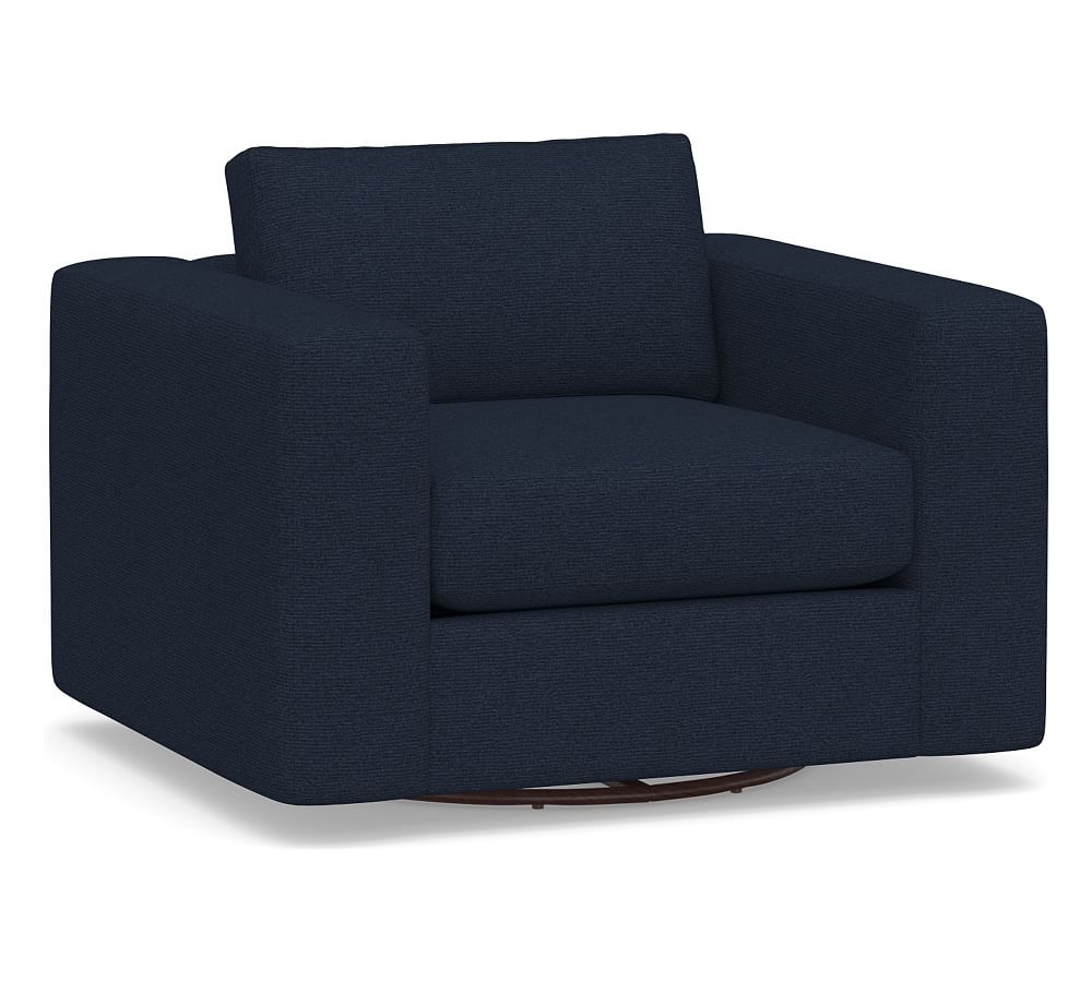 Carmel Square Arm Upholstered Swivel Armchair, Down Blend Wrapped Cushions, Performance Heathered Basketweave Navy - Image 0