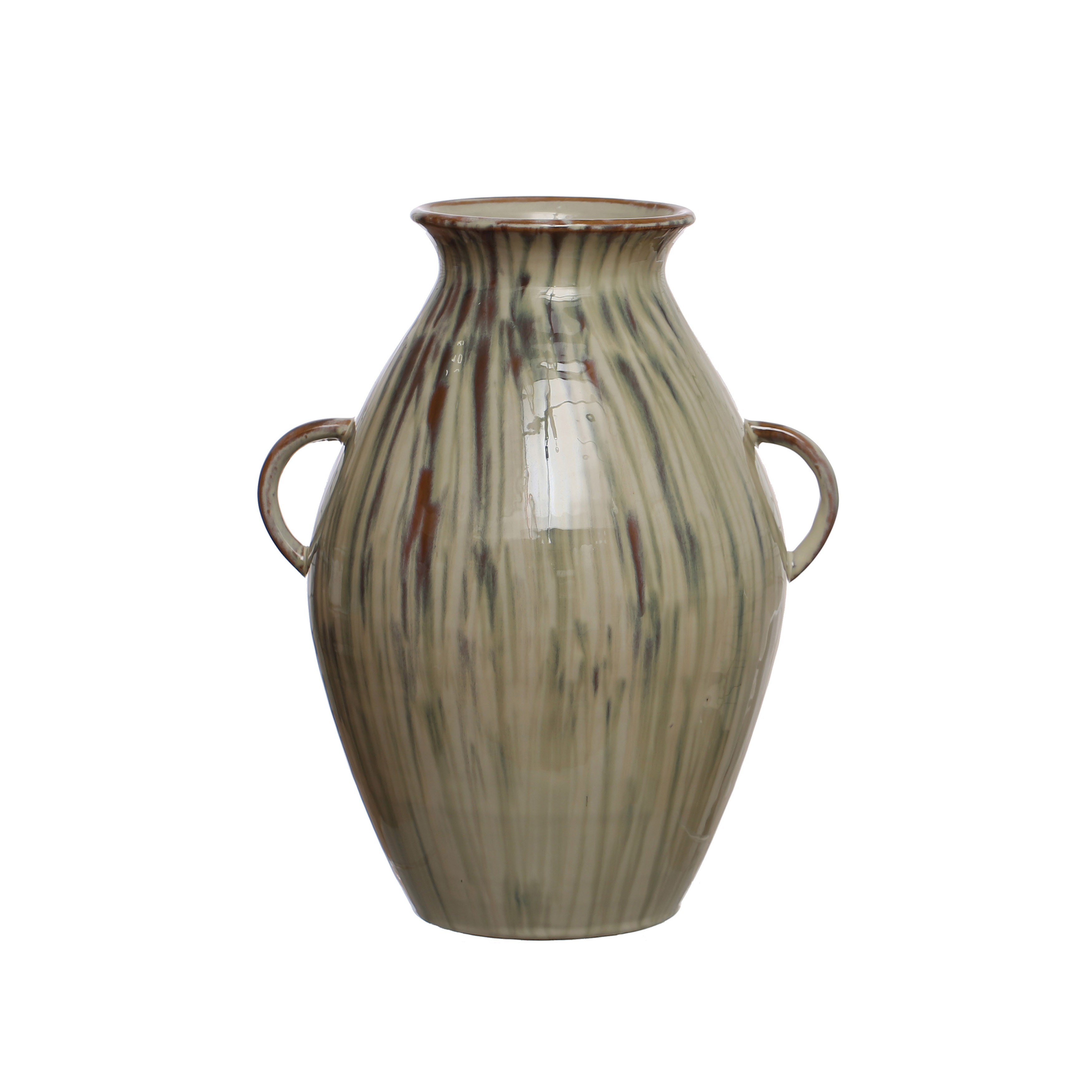 14 Inches Hand-Painted Stoneware Vase with Handles with Reactive Glaze, Multicolor - Image 0