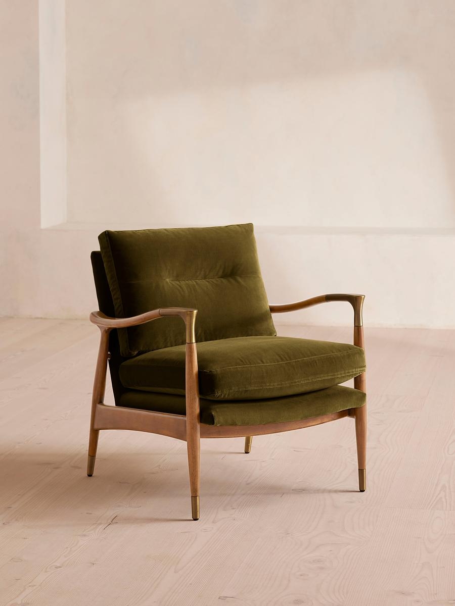 Theodore Oak Armchair, Velvet Olive, US - Image 0