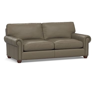Webster Roll Arm Leather Sofa 86" with Bronze Nailheads, Down Blend Wrapped Cushions, Vintage Charcoal - Image 0
