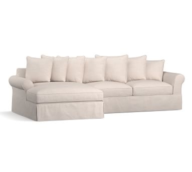 PB Comfort Roll Arm Slipcovered Left Arm Loveseat with Double Wide Chaise Sectional, Box Edge, Down Blend Wrapped Cushions, Sunbrella(R) Performance Herringbone Oatmeal - Image 3
