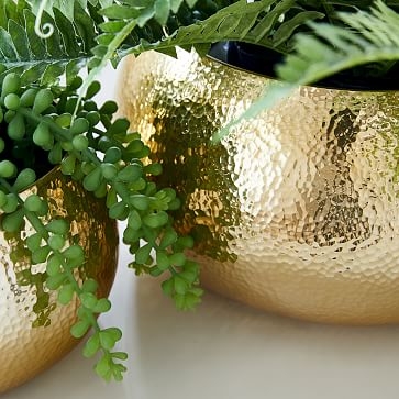 Hammered Metal Planter, Small Round, Polished Brass - Image 1