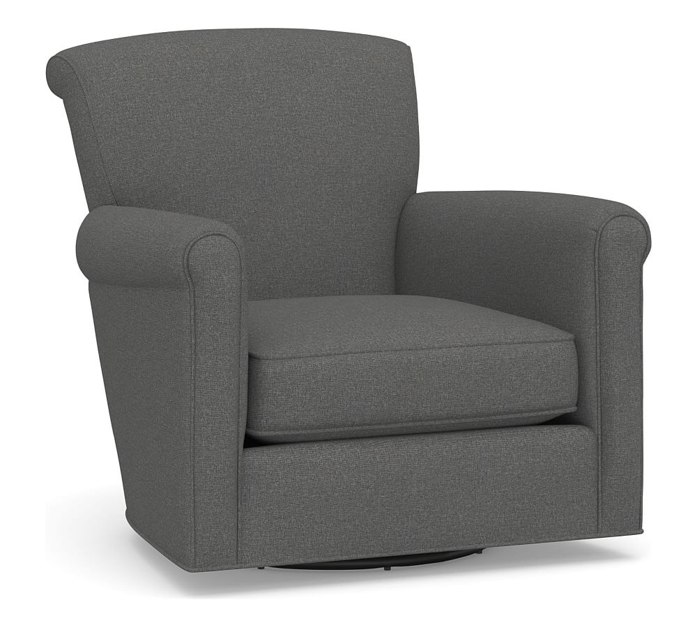 Irving Roll Arm Upholstered Swivel Armchair Without Nailheads, Polyester Wrapped Cushions, Park Weave Charcoal - Image 0