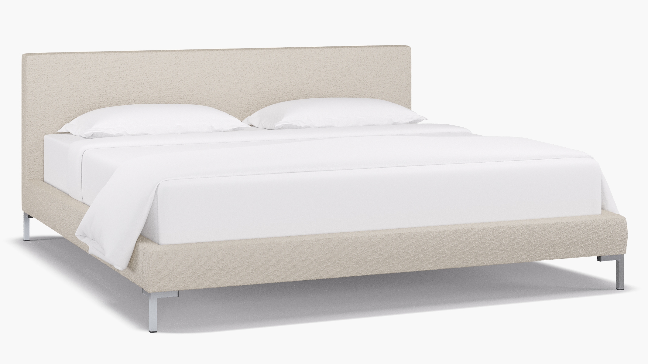 Modern Platform Bed, Snow Bouclé, Chrome, King - Image 0