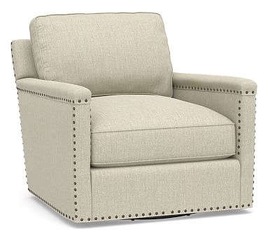 Tyler Square Arm Upholstered Swivel Armchair with Nailheads, Down Blend Wrapped Cushions, Chenille Basketweave Oatmeal - Image 0