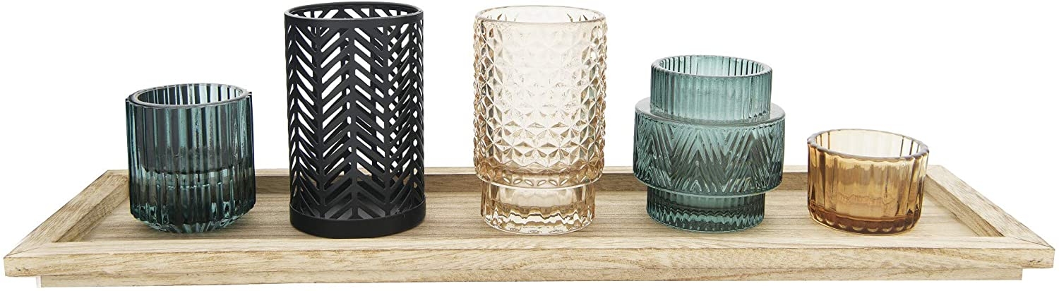 Embossed Glass & Metal Tealight Holders with Wood Tray, Set of 6 - Image 1