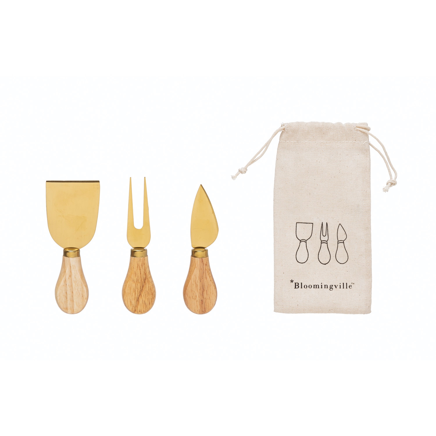 Stainless Steel Cheese Utensils with Oak Wood Handles, Gold Finish, Set of 3 in Printed Drawstring Bag - Image 0