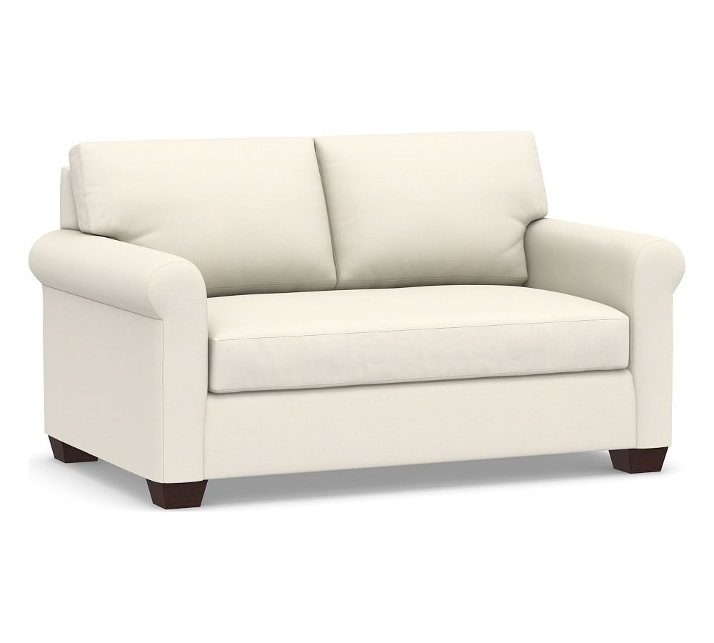 York Roll Arm Upholstered Loveseat 62.5" with Bench Cushion, Down Blend Wrapped Cushions, Textured Twill Ivory - Image 0