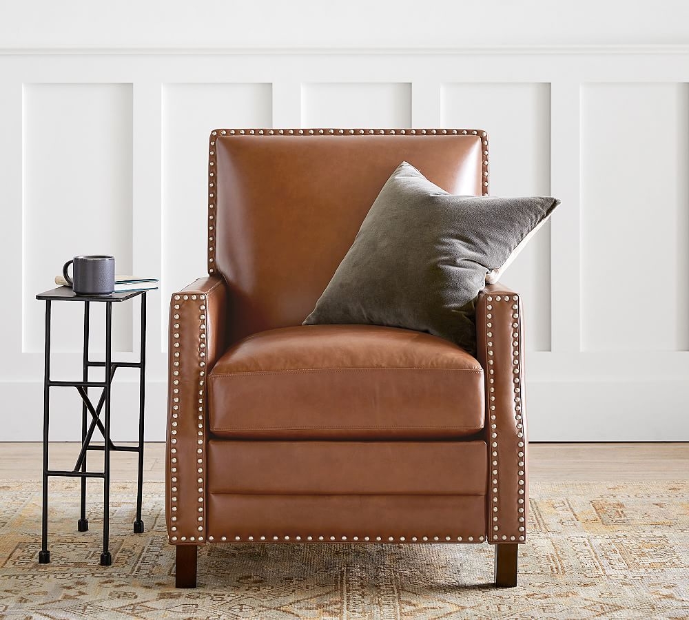 Brixton Square Arm Leather Recliner with Bronze Nailheads, Down Blend Wrapped Cushions, Vintage Caramel - Image 0