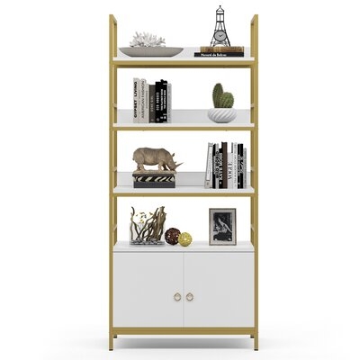 4-Tier White Gold Bookcase Bookshelf With Doors, Storage Cabinet - Image 0