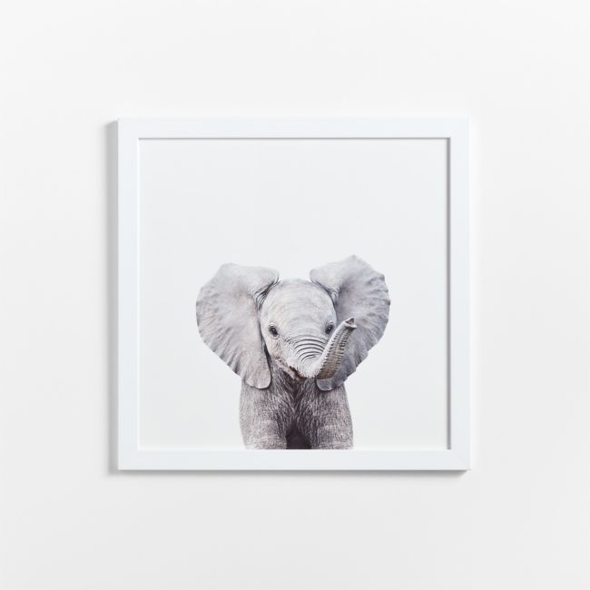 Baby Elephant White Wood Framed Wall Art Print - Image 0