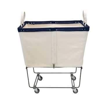 Elevated Canvas Laundry Basket with Wheels and Lid, Small, Natural Canvas/Navy Canvas Trim - Image 1