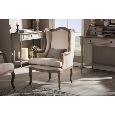 Winfred French Provincial Style White Wash Distressed Two-Tone Beige Upholstered Armchair - Image 0