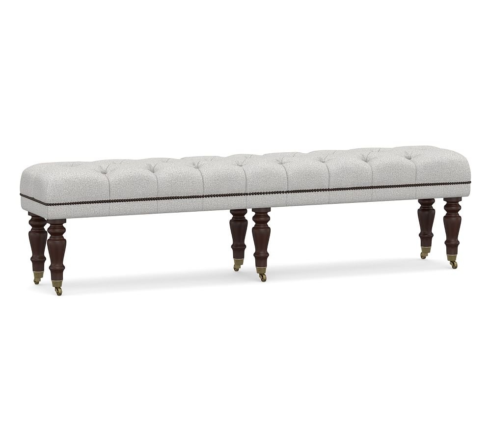 Raleigh Upholstered Tufted King Bench with Mahogany Legs & Bronze Nailheads, Park Weave Ash - Image 0