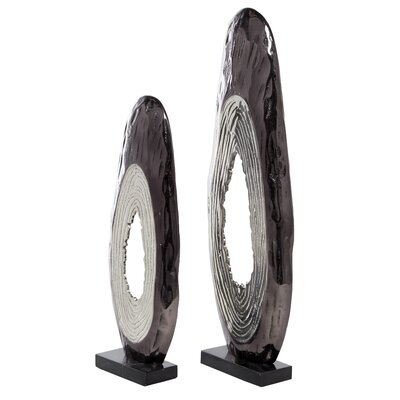 Tall Abstract Pewter Metal Tree Trunk Sculptures On Marble Bases, Set Of 2: 14", 21" - Image 0