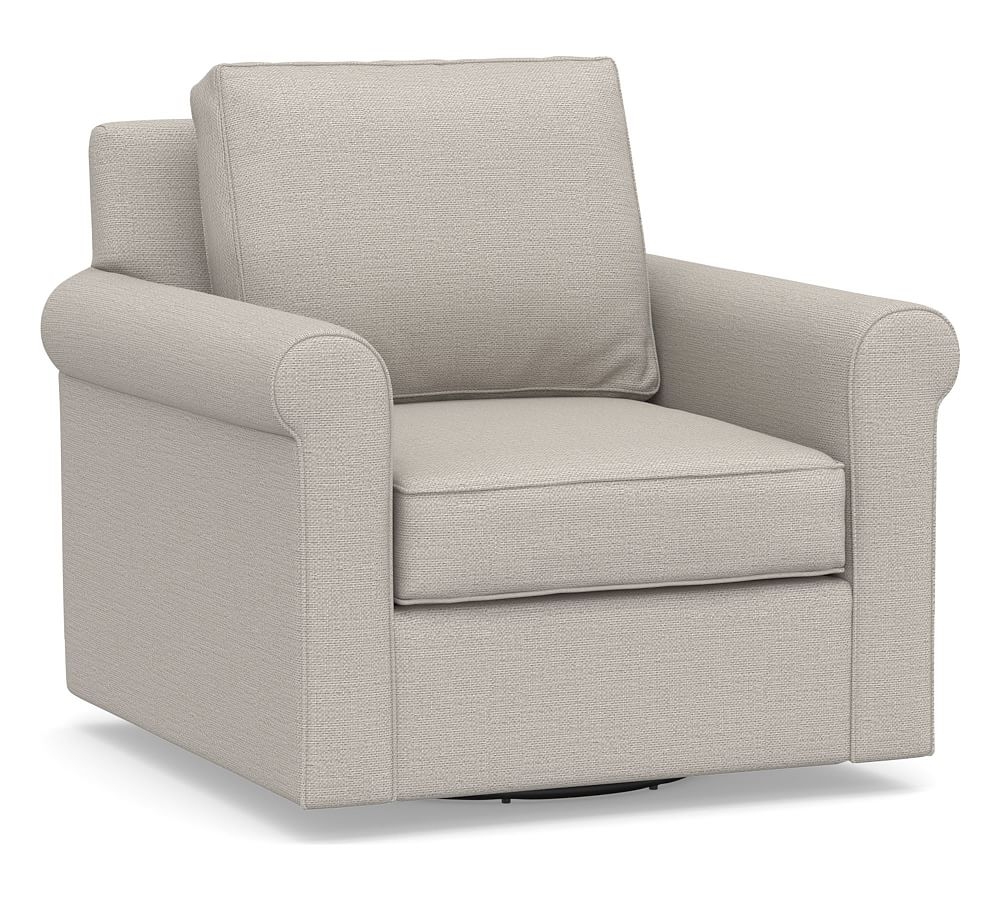 Cameron Roll Arm Upholstered Swivel Armchair, Polyester Wrapped Cushions, Chunky Basketweave Stone - Image 0