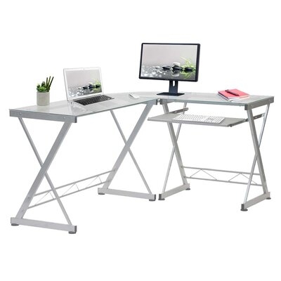 L-Shaped Tempered Glass Top Computer Desk With Pull Out Keyboard Panel, Clear - Image 0