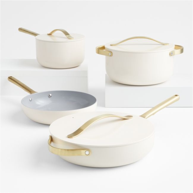 Caraway Home 7-Piece Cream Ceramic Non-Stick Cookware Set with Gold Hardware - Image 0