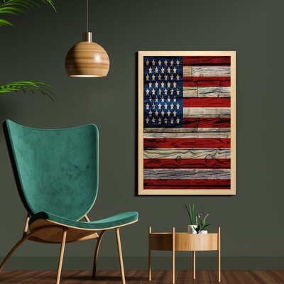 Ambesonne 4Th Of July Wall Art With Frame, Wooden Planks Painted As United States Flag Patriotic Country Style, Printed Fabric Poster For Bathroom Living Room Dorms, 23" X 35", Red Beige Navy Blue - Image 0
