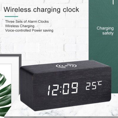 Digital Wooden Alarm Clock With Wireless Charging Bamboo With Red Letter - Image 0