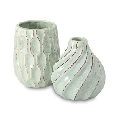 2 Piece Green Stoneware Table Vase Set - Image 0