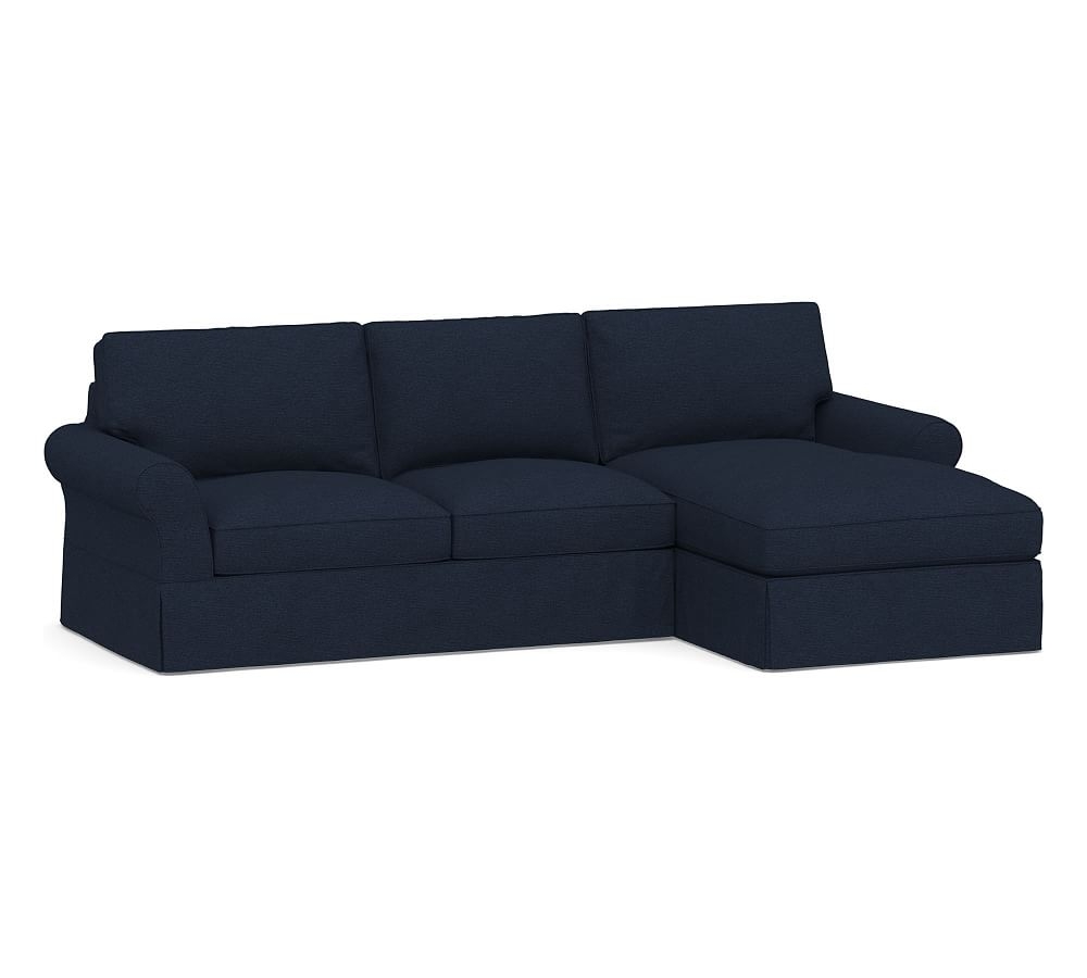 PB Comfort Roll Arm Slipcovered Left Loveseat with Chaise Sectional, Box Edge, Memory Foam Cushions, Performance Heathered Basketweave Navy - Image 0